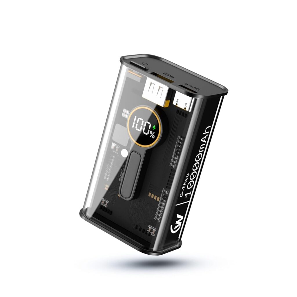 C-Thru 23W Fast Charging 10000mAh Power Bank with USB-A QC 3.0 and Type C PD (Black, Li-ion)