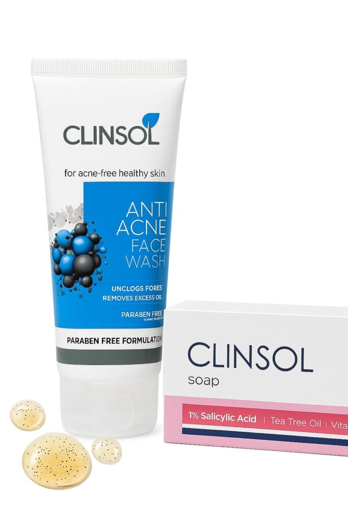 Clinsol Anti-Acne Face Wash 100 g + Clinsol Anti-Acne Soap 70 g | Combo Pack with Charcoal, Salicylic Acid & Tea Tree Oil | For Oily Skin, Pimples & Acne-Prone Skin