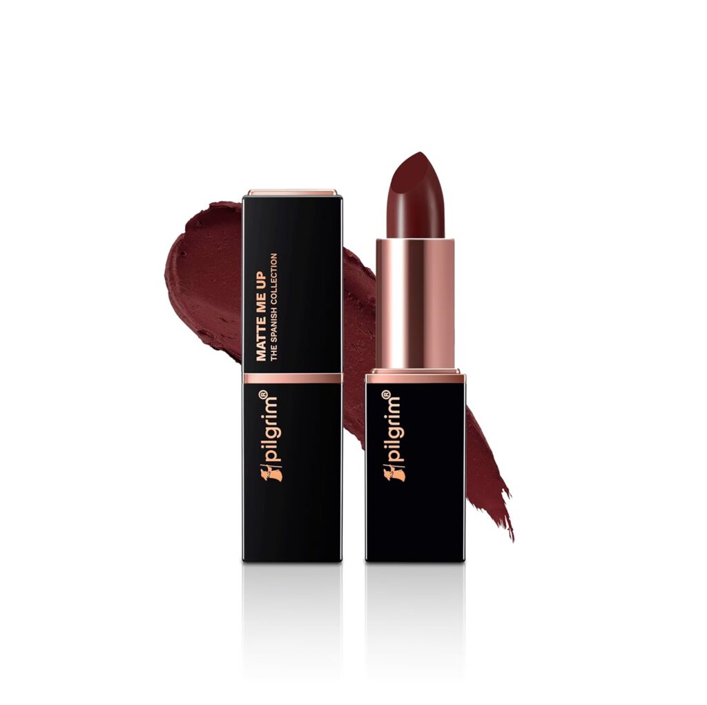Pilgrim Matte Me Up Bullet Lipstick 4.2g | Creamy, Lightweight, Bold, Non Drying | SPF 30 | Enriched With Hyaluronic Acid & Spanish Squalane | Lipstick for dusky skin tone | Burgundy Blaze -24