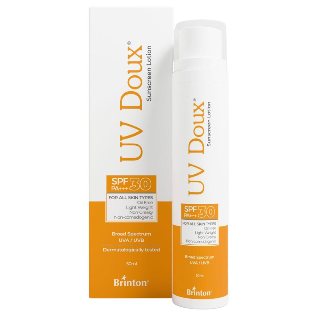 UV Doux Sunscreen Lotion with SPF 30 | Oil Free Formula | UVA & UVB Protection | Sweat & Water Resistant | Lightweight, Non-Greasy and Non-Comedogenic | For Dry & Sensitive Skin | Benzene Free | 50 ml