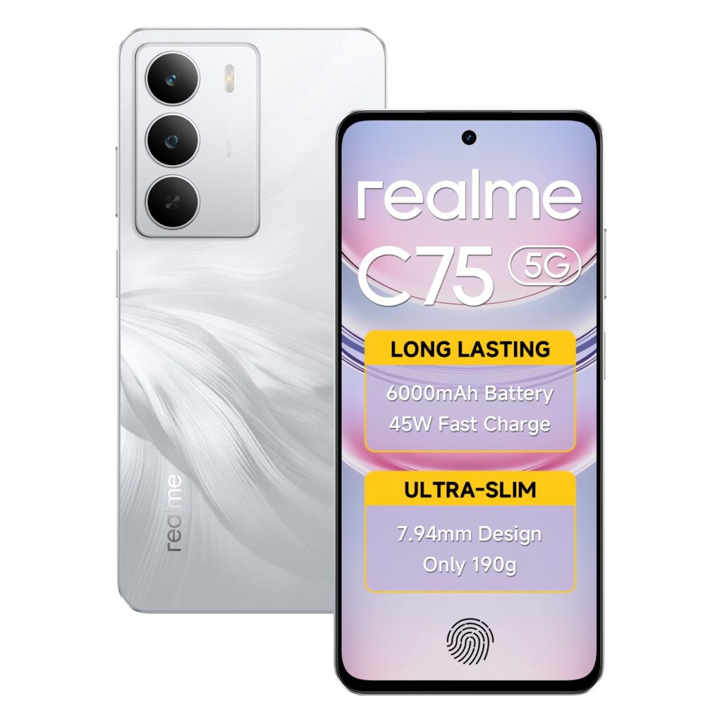 realme C75 5G Smartphone Android 15 Display 6.67" FHD 120Hz 6000mAh Battery 45W Charge 4GB RAM 128GB ROM Dual SIM Support AI Camera Fingerprint WiFi GPS (White)
