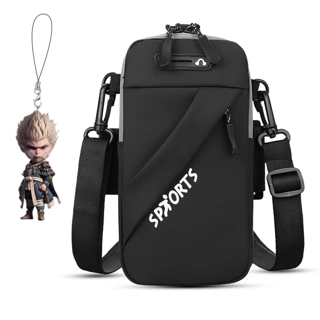 Mobile Pouch for Men & Women, 2-in-1 Waterproof Mobile Arm Band with Detachable Shoulder Strap Ideal Running Accessories for Men with Extra Phone Rope, Black