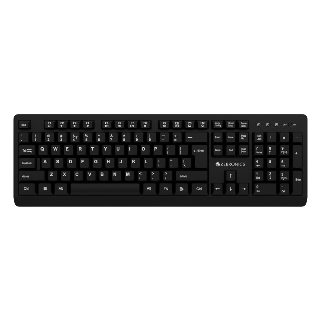 Zebronics Wireless Keyboard, 2.4GHz, 104 Keys with 12 Multimedia Keys, UV-Coated Keycaps, Retractable Stand, On/Off Switch, Power Saving Mode, Plug & Play (Companion 116-K)