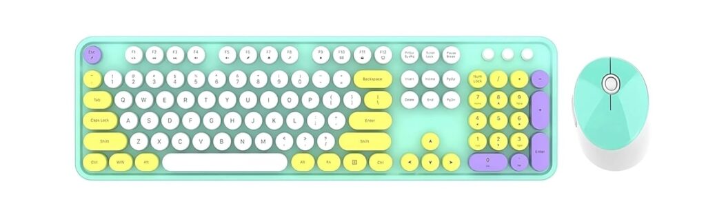 Electro Wolf Vintage Combo Retro Wireless Keyboard & Mouse 2.4G Mixed Color Keyboard Mouse Set with Round Punk 104 Keycaps (Green)