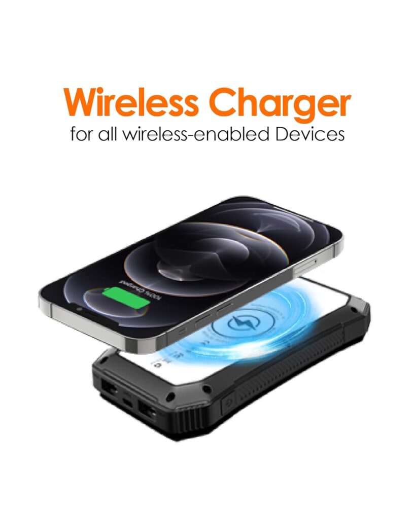 Solar Power Bank 10000mAh - Wireless Charger with 20 LED Lights, Fast Charging for 3 Devices, Solar Phone Charger, Power Bank for Camping, Travel & Emergencies