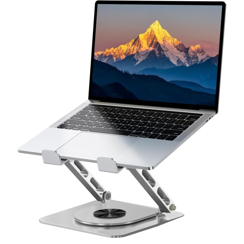 Dyazo Laptop Stand Foldable Height Angle Adjustable Laptop Riser for Desk Compatible for MacBook, Lenovo, Dell Notebook up to 15.6 Inches 360 Rotating Base (Silver)