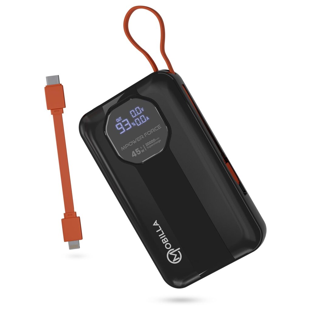 MPower Force Laptop Powerbank | 45W Fast Charging | 20000mAh Battery Capacity | Built-in Type-C & Detachable Lightning Cables | Charges 3 Devices at Once (Black)