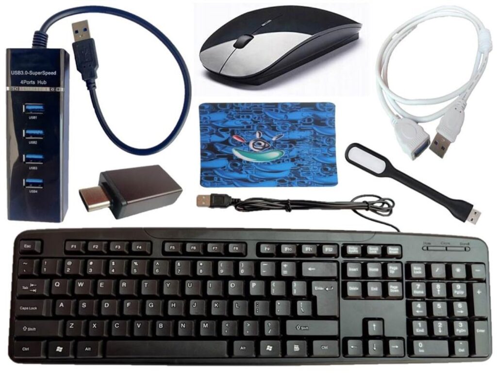 Anjo 7 in 1 Combo of Wired Keyboard, Wireless Mouse, Mouse Pad, 4 Ports USB Hub 3.0 Type A, OTG C to A Type, USB Extension Cable Male to Female Type A 1.5m, USB Flexible Light
