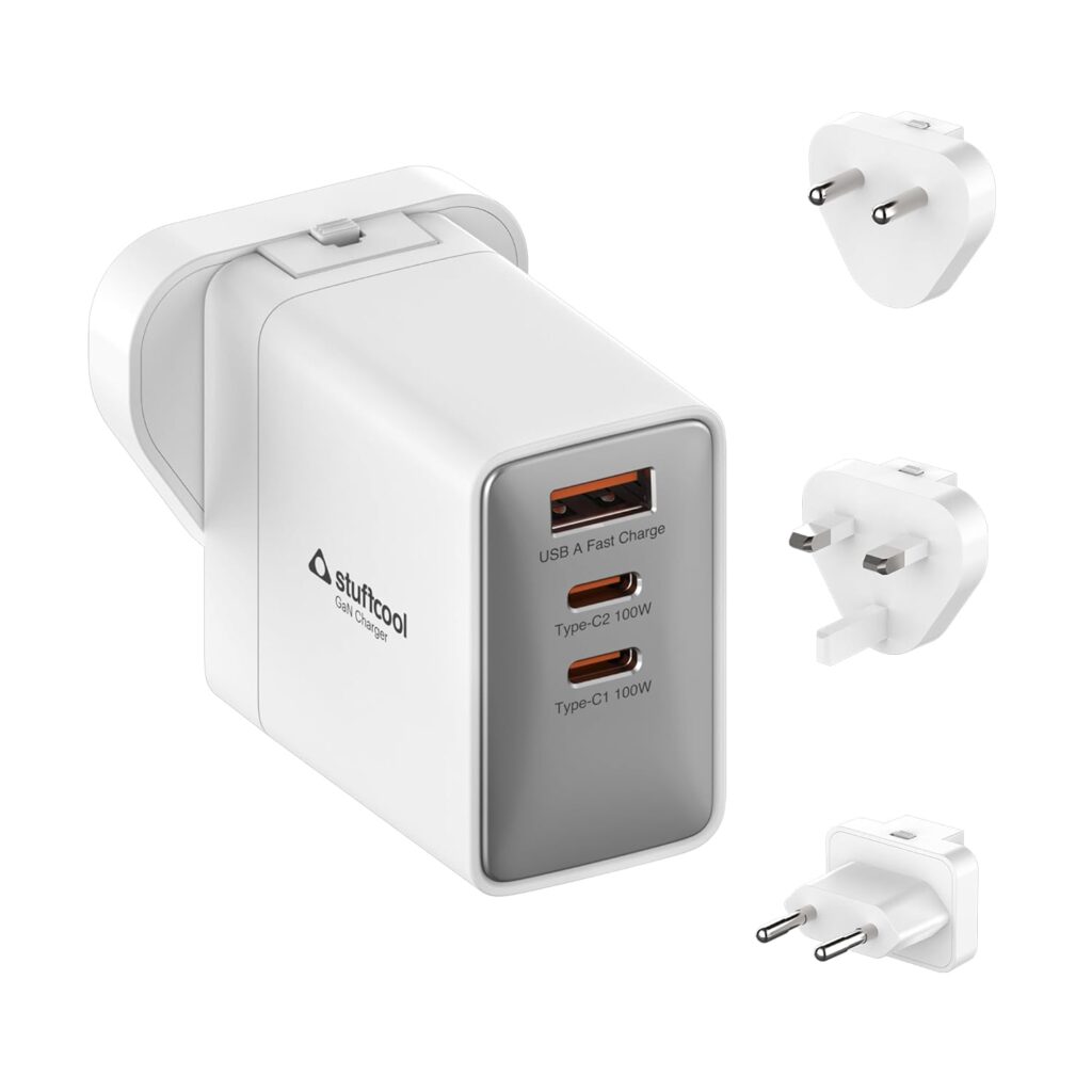 Stuffcool Nomad II 100W GaN Charger PD PPS Supports Super Fast Charging 2.0 Charges MacBook, Laptop, Smartphone, DSLR, Gaming Console, with Exchangeable EU, USA and UK pins Works with 150+ Countries