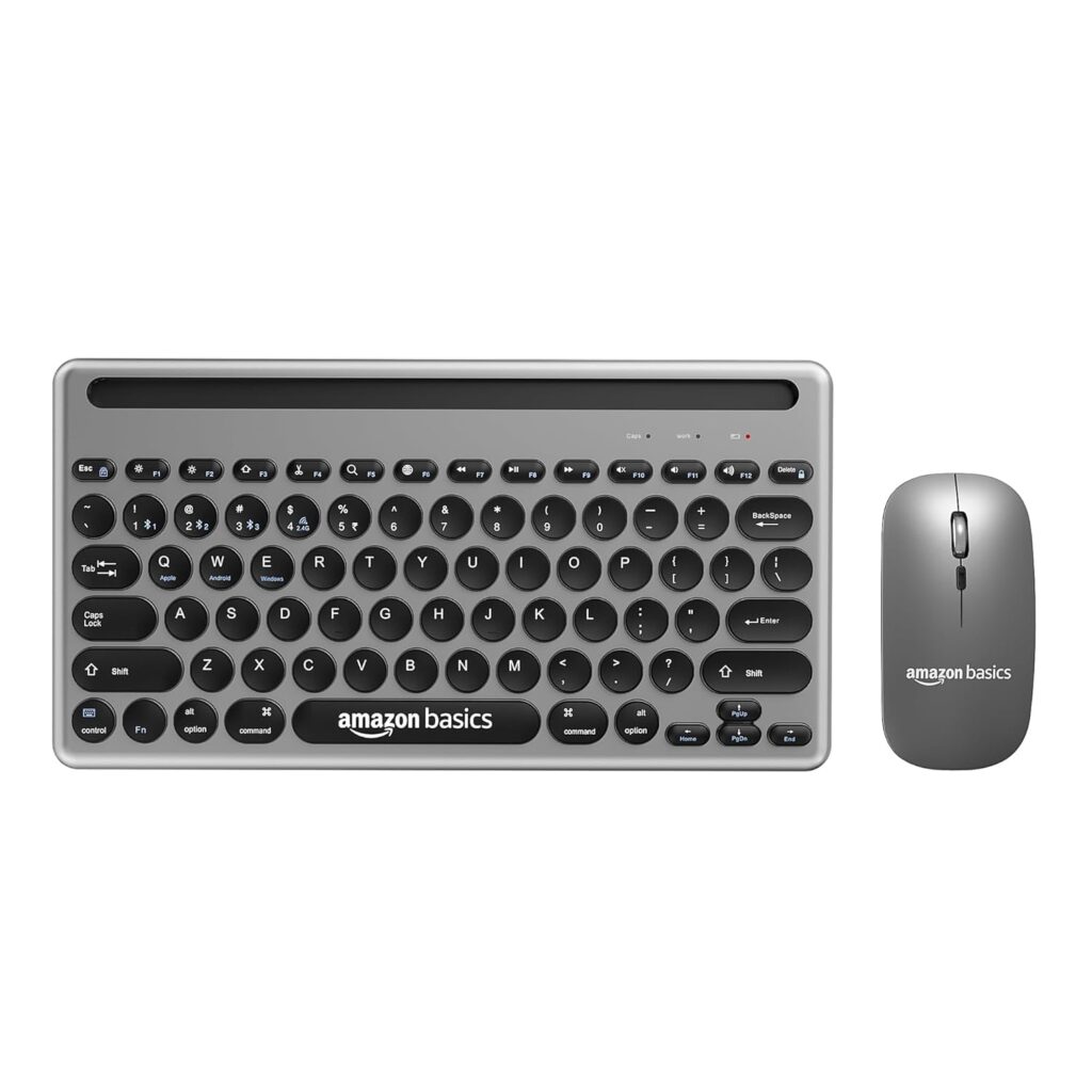 (Refurbished) Amazon Basics Wireless Keyboard and Mouse Set with Bluetooth multiconnect, 2.4GHz Receiver,1600 DPI, Smartphone/Tablet Holder, Built in Rechargeable Battery