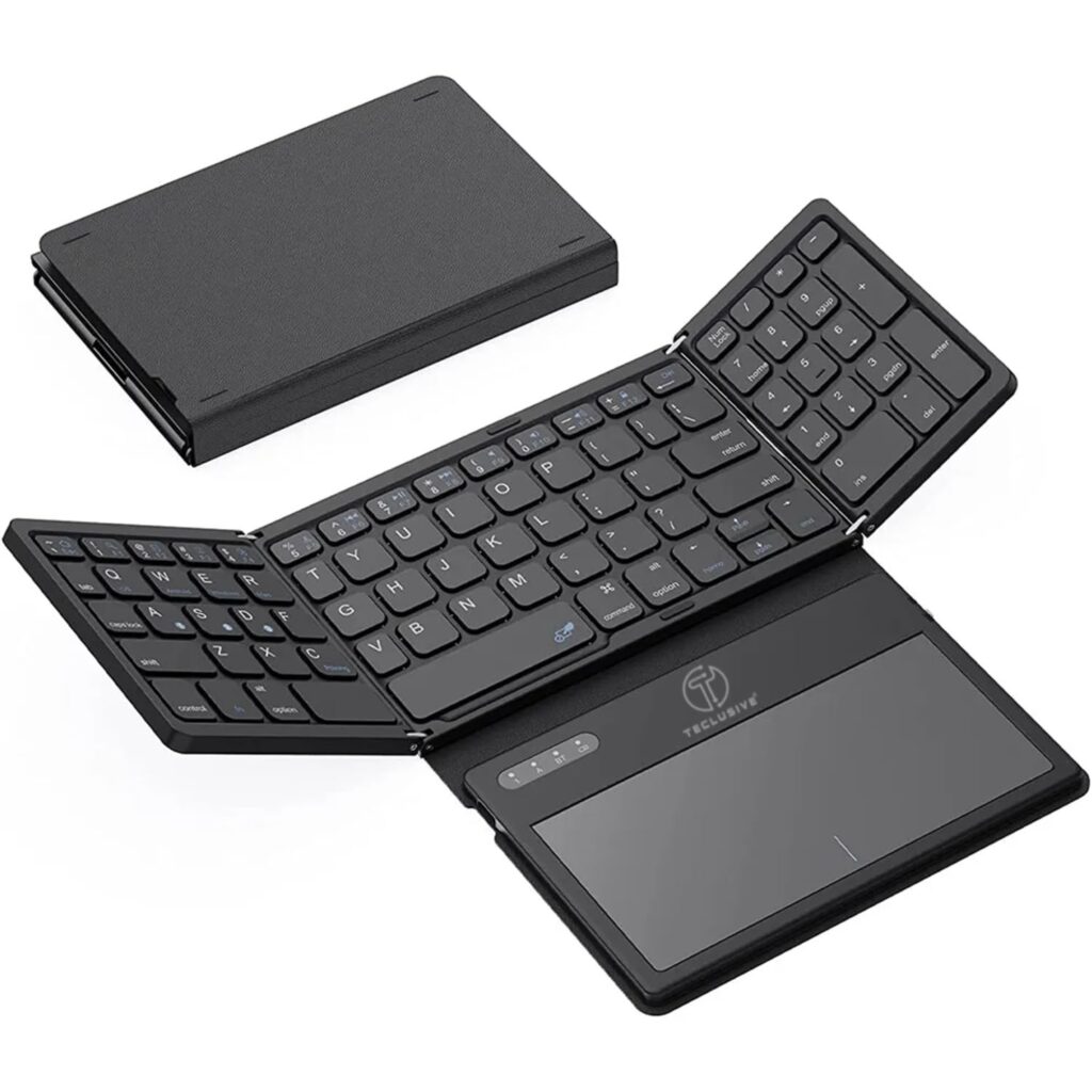 T TECLUSIVE Slim Leather Foldable Wireless Bluetooth Keyboard with Touchpad | Magnetic Folding Rechargeable Keyboard with Trackpad | Compatible for Laptop/Mac/iPhone iPad/Galaxy Tablet