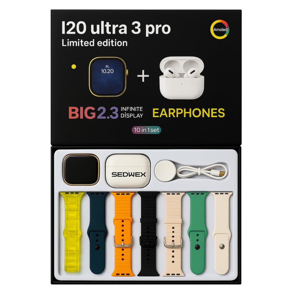 10-in-1 Ultra Watch Combo Smartwatch with Earbuds | 2.3” Big Display Smart Watch Combo with 7 Straps, Charger & TWS Earphones | Premium Smartwatch Combo for Men & Women