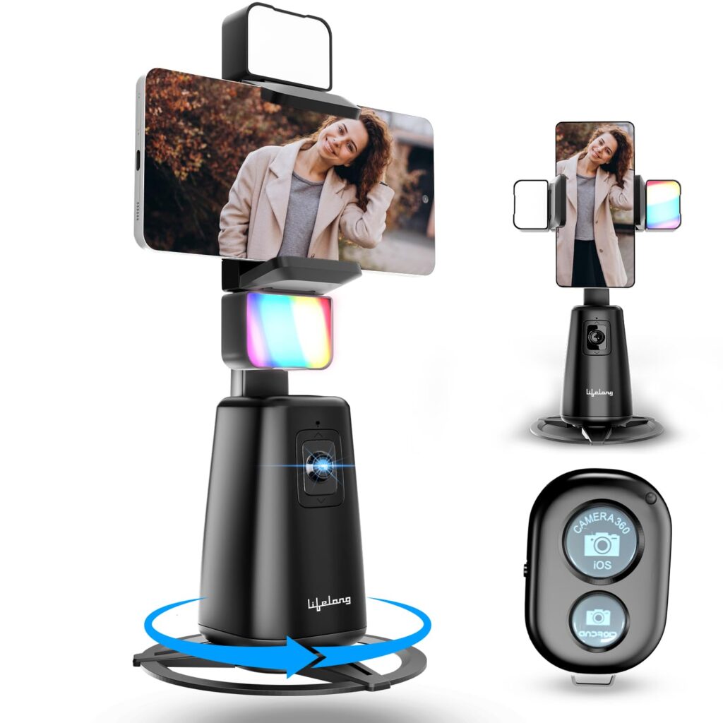Lifelong Rechargeable AI Auto Face Tracking Tripod Phone Holder | 360° Rotation | Mobile Stand with Camera for Video Recording & Shooting | No App Needed | Gimbal with Light, Remote & Gesture Control