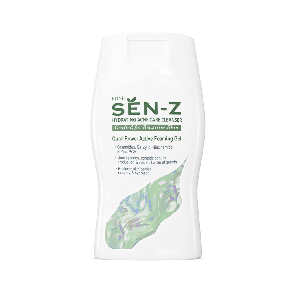 SEN-Z Hydrating Acne Care Cleanser| For Sensitive Skin | Reduces Excess Oil & Unclogs Pores | Quad Power of Ceramides, 2% Salicylic Acid, Niacinamide & Zinc PCA | Hydration & Barrier Repair | 100ml
