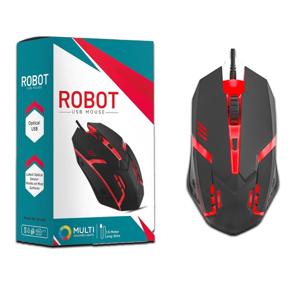 D25 Robot Wired Optical Gaming Mouse with RGB LED Light, Lightweight and Ergonomic Design, DPI Upto 1500, 1.5M Long USB Wire, Compatible with Windows and Mac (IV-G01)