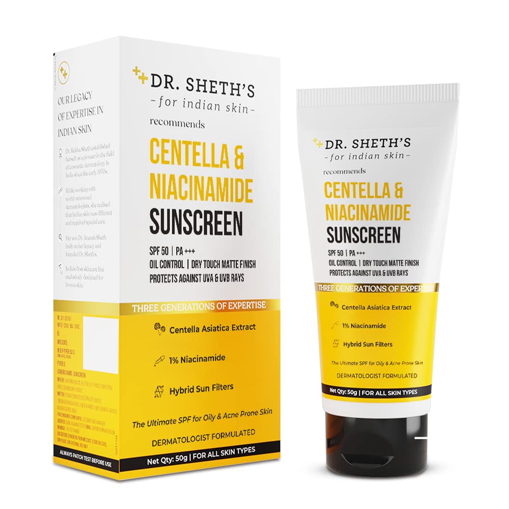 Dr Sheth's Centella & Niacinamide Sunscreen SPF 50 PA+++ | For Oily & Acne-Prone Skin | Sweat Proof & Water-Resistant | Dry Touch Matte Finish | Controls Excess Oil | Protects Against UVA & UVB Rays | For Men & Women | 50 g