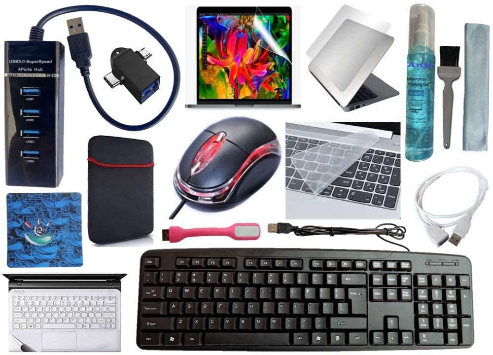 Anjo 13 in 1 Combo of Wired Keyboard, Wired Mouse, Mouse Pad, USB Hub3.0, 3in1Cleaner, OTG 2in1 Micro & C, Extension, LED, Laptop Lid&Trackpad Lamination, 15.6 inch Key&Screen Guard & Sleeve