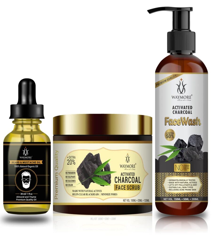 Waymore Charcoal Face Wash 200ml, Charcoal Scrub 120ml and Vitamin D Beard Oil 30ml - Oil & Dirt Removal, Exfoliation and Moisturizing Skin and more beard growth (Combo Pack)