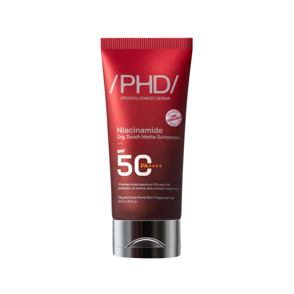/PHD/ Niacinamide Dry Touch Matte Sunscreen SPF 50 PA++++ 40ml | Sunscreen for Oily & Acne-Prone Skin | Oil-Free, Non-Greasy, Lightweight with Broad-Spectrum UV Filters, Niacinamide & Cica | Matte Finish sunscreen for Men & Women