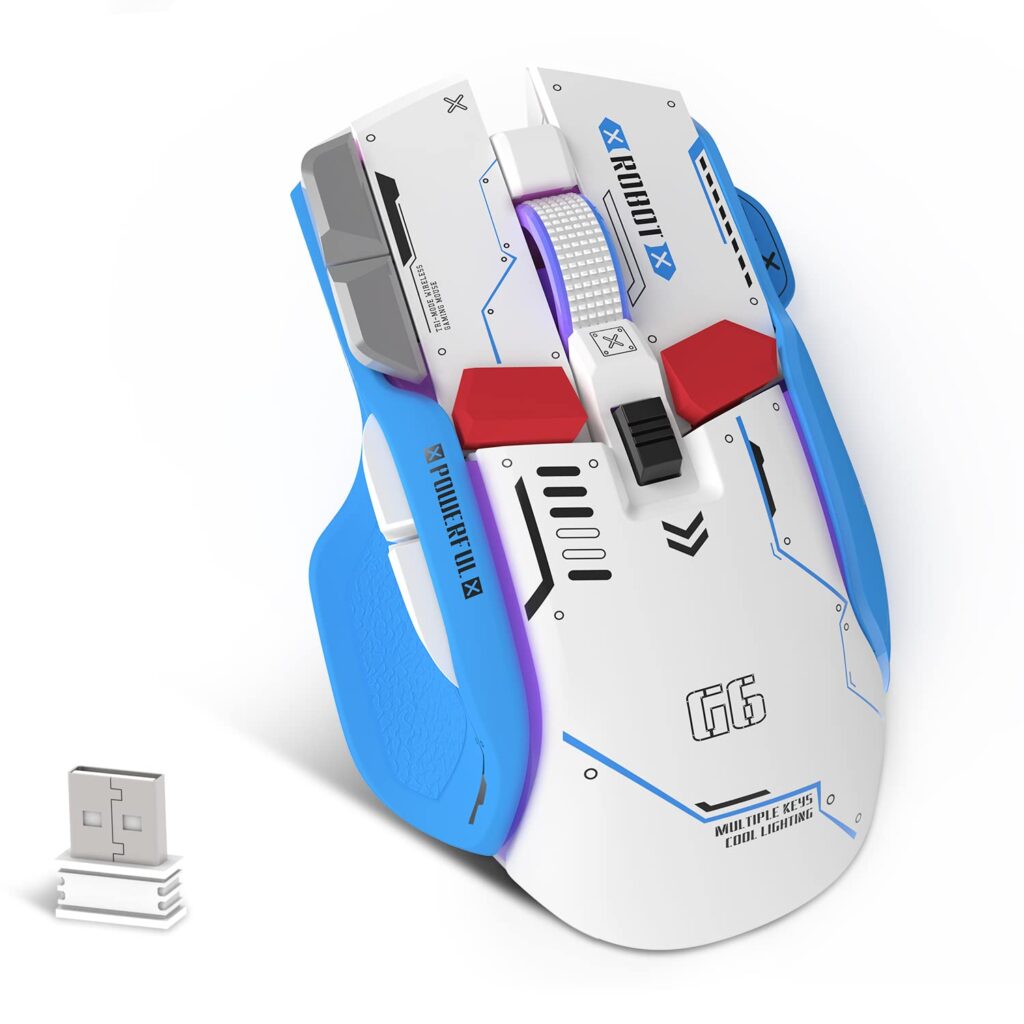 ATTACK SHARK G6 Gaming Mouse, Wired/Wireless/Bluetooth Tri Modes, 5 Adjustable DPI and 11 RGB Backlit, Rechargeable Silent Computer Gaming Mice for Windows/Android/MAC/iOS(White/Blue)
