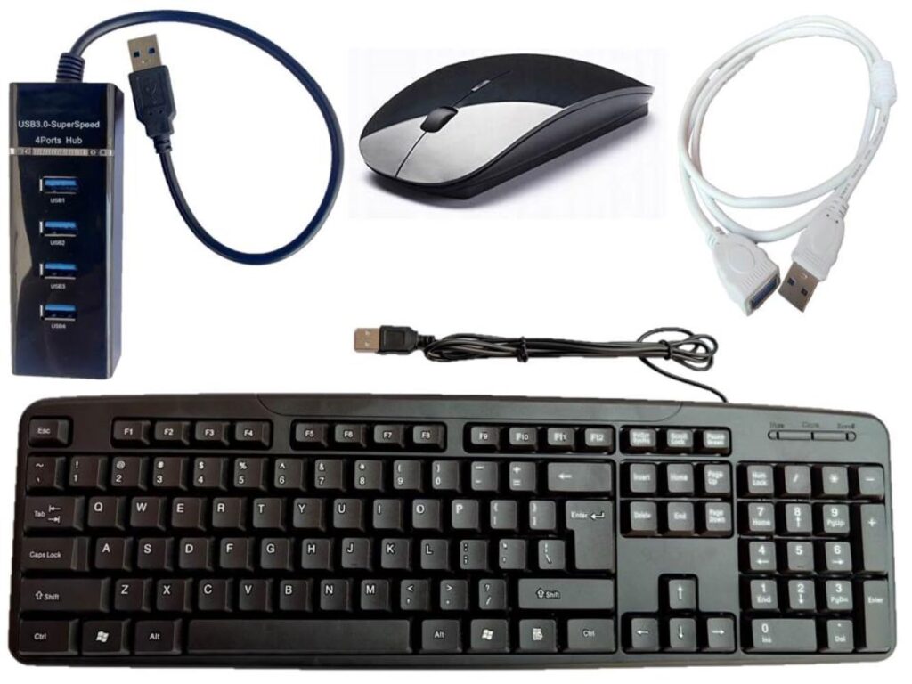 Anjo 4 in 1 Combo of Wired Keyboard, Wireless Mouse, 4 Ports USB Hub 3.0 Type A, USB Extension Cable Male to Female Type A 1.5m
