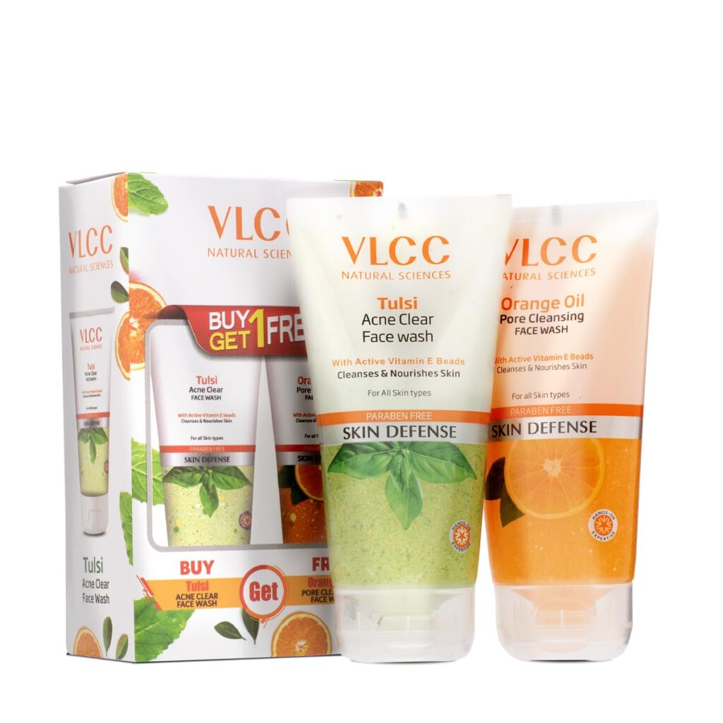 VLCC Tulsi Acne Clear + FREE Orange Oil Pore Cleansing Facewash - B1G1 - 150ml X 2 | Anti-Acne and Oil Control Facewash | Deep cleansing | Paraben Free