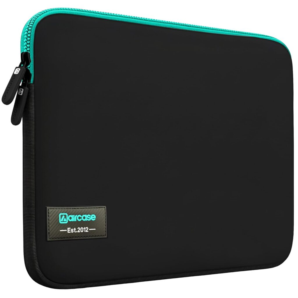 AirCase Neoprene Laptop Sleeve Case Cover for 14.1 Inch MacBook, Dell, HP, Lenovo, more| Water-Resistant, Shockproof Padding, Scratch-Proof| Slim Fit, Wrinkle Free, TSA Security Friendly (Black-Green)