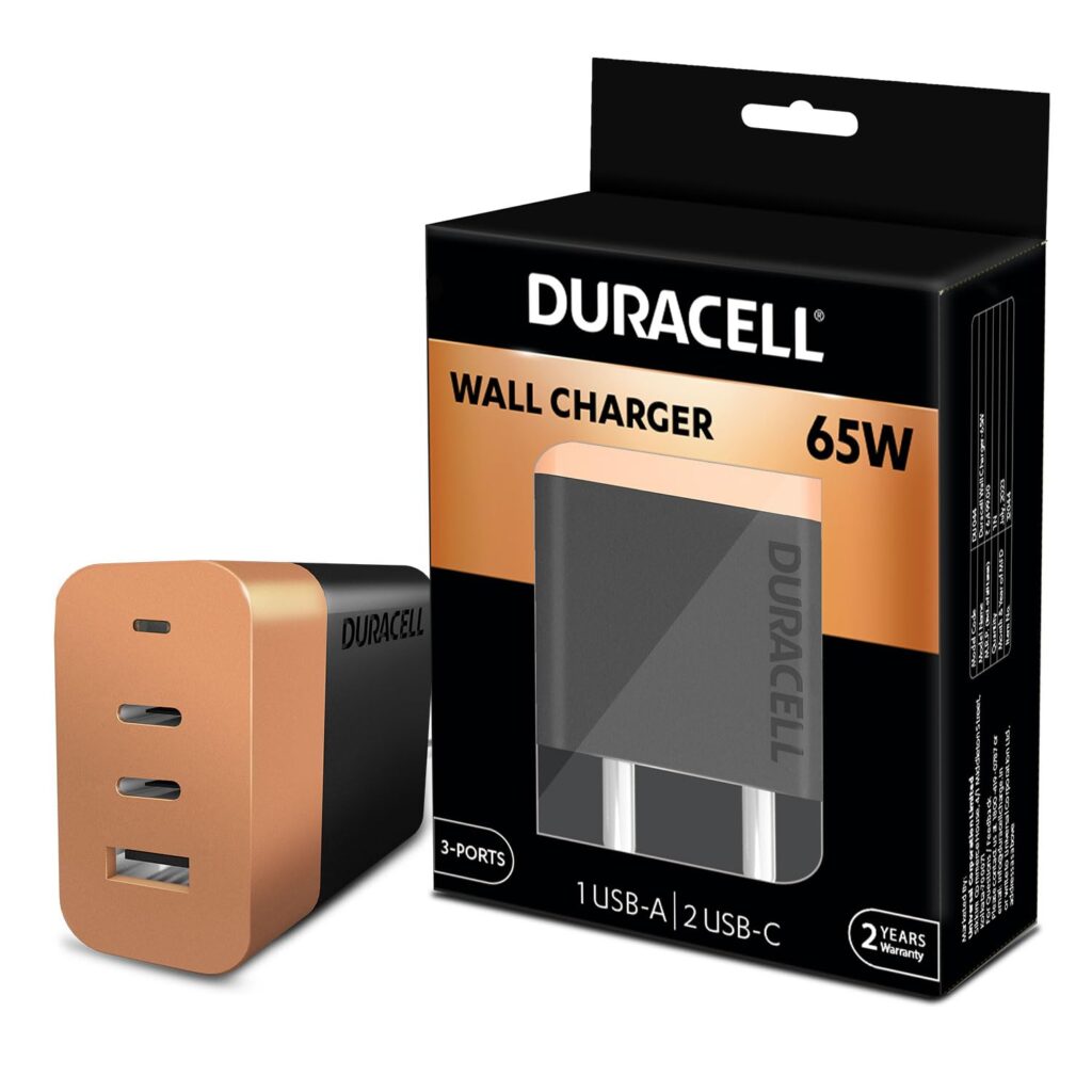 DURACELL 65 Watts Fast Wall Charger Adapter, 3 Port, 1 USB A, 2USB C,Fast Charging Compatible with iPhone, iPad, Samsung Galaxy, Note, Redmi, Mi, Oneplus, Oppo, Vivo Smartphones, DU068