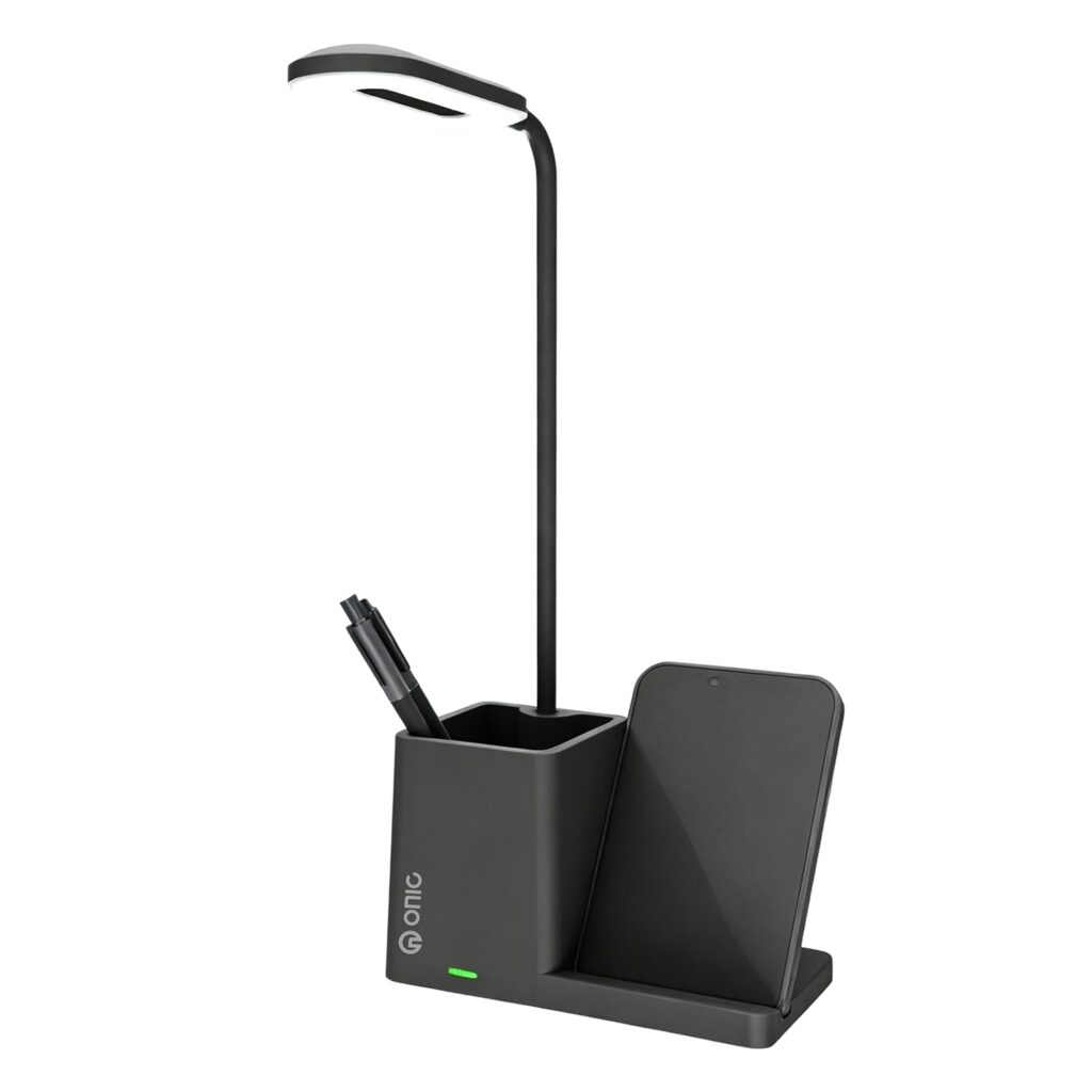 ONIC 3-in-1 Desk Lamp with Wireless Charger, 15W Qi-Compatible Fast Charging Station, LED Table Light, Pen Holder Organizer, USB-C Input (Black)