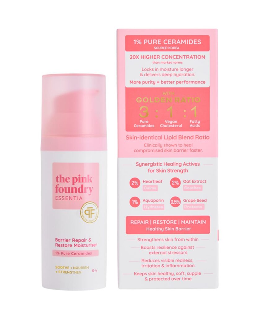 The Pink Foundry Barrier Repair & Restore Moisturiser for Normal, Dry, Combination, Acne Prone & Sensitive Skin | First ever made in India 1% Pure Ceramides Moisturiser | Deep Hydration | Lightweight, Silky Smooth & Non-Greasy | Strengthens Skin Barrier | for Women & Men | Vegan, Cruelty Free & Dermatologically Tested | 50ml