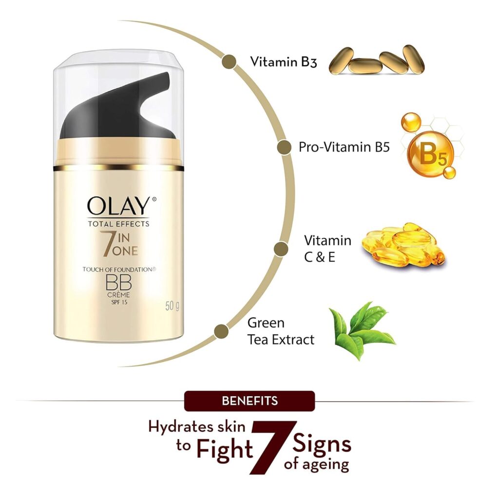 Olay Lotion Total Effects 7 in 1 Anti-Ageing Face Moisturizer, Vitamin B3 & E | Reduces Wrinkles, Evens Tone, Hydrates Skin (50g, BB spf 15)