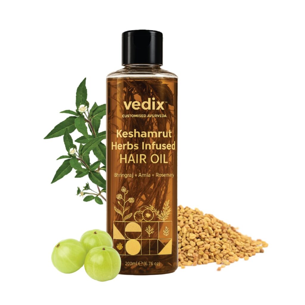 Vedix Keshamrut Herbs Infused Hair Oil for Men & Women I Reduce Hair Fall & Boost Hair Growth I Whole Herbs, Leaves & Flowers I No Mineral Oils & Chemicals - 200 ml