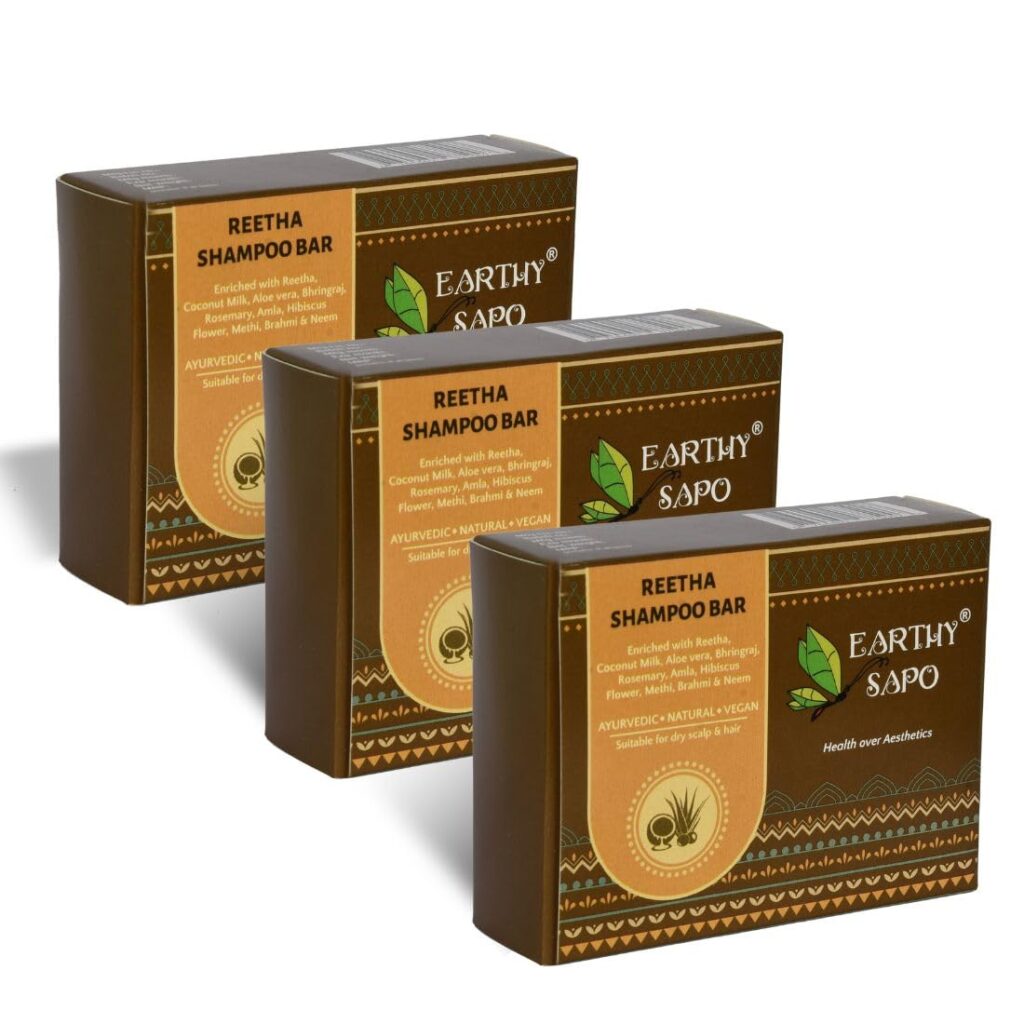 Earthy Sapo Reetha Shampoo Bar for Dry Hair (100g, Pack of 3) | Handmade Ayurvedic Hair Care | Vegan, Chemical-Free, Eco-Friendly | Reetha & Coconut Milk for Nourished Hair