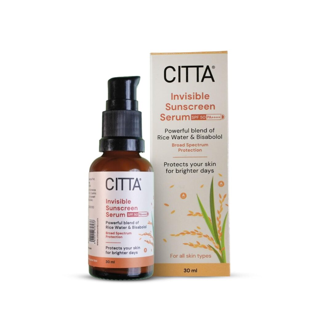 CITTA Invisible Serum Sunscreen SPF 50 PA++++ – Lightweight, Hydrating Fluid Sunscreen with Rice Water – No White Cast – Broad Spectrum Protection for Oily, Dry, Combination & Acne-Prone Skin – For Men & Women – 30ml