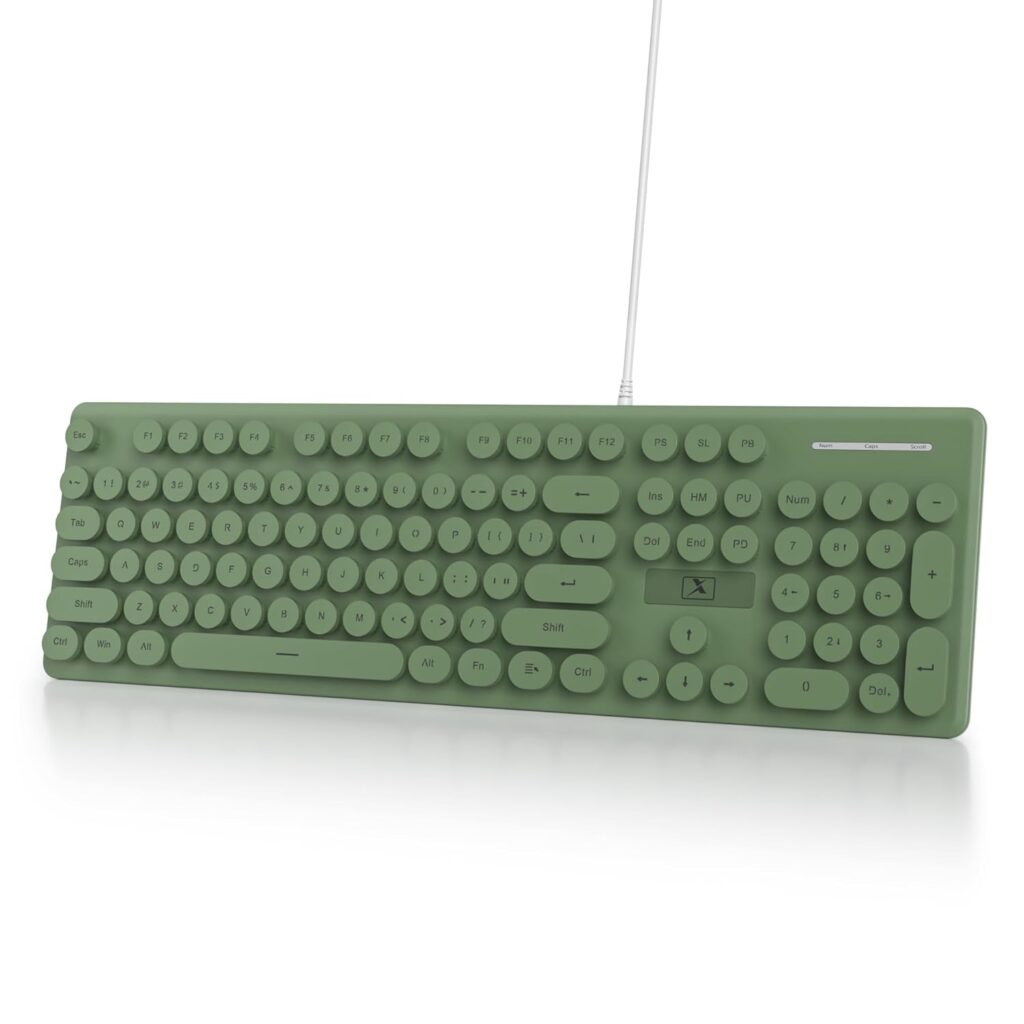 Full Size Wired Computer Keyboard, Quiet Typewriter Keyboard with Retro Round Keycaps, LED Backlit, Membrane, 104-key for PC, Laptop(Dark Green)