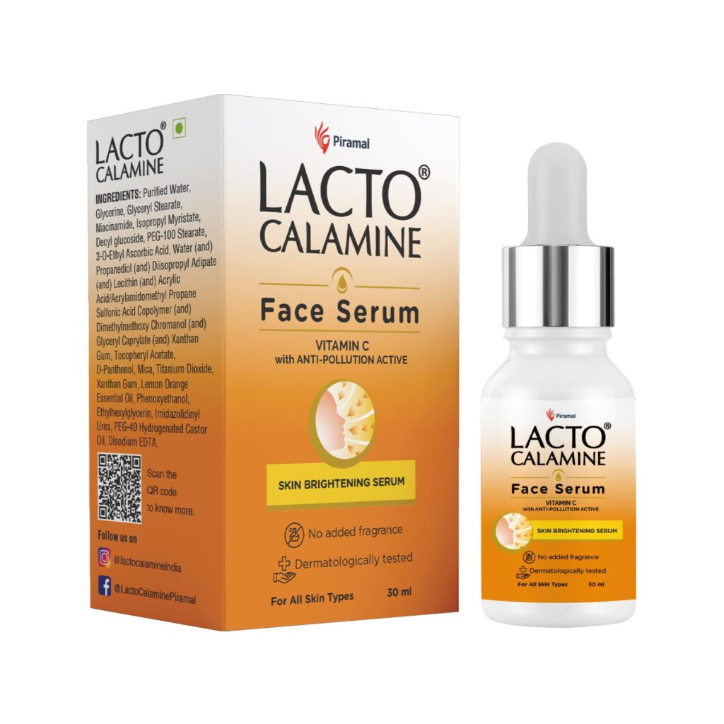 Lacto Calamine Vitamin C Face Serum with 98% Pure Vitamin C Complex | 30ml | Glowing Skin with Niacinamide | Vitamin C Serum For Dark Spots Reduction & Moisturization | Pollushield, Vitamin E, B3 & B5