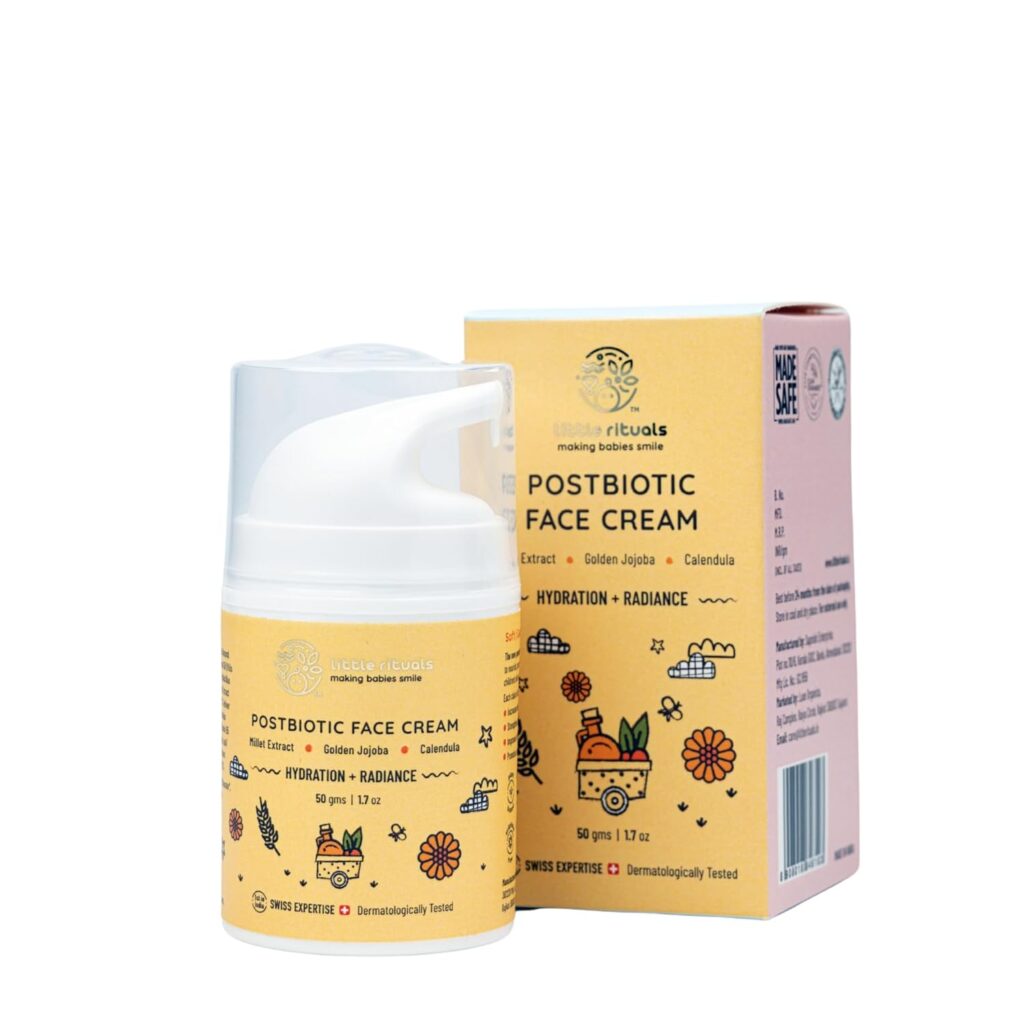 Little Rituals Baby and Kids Post-Biotic Face Cream Moisturiser - Hydration + Radiance, Formulated with Golden Millets, Jojoba, Calendula, Natural, Organic, Dermat tested, SWISS Technology (50 gram)