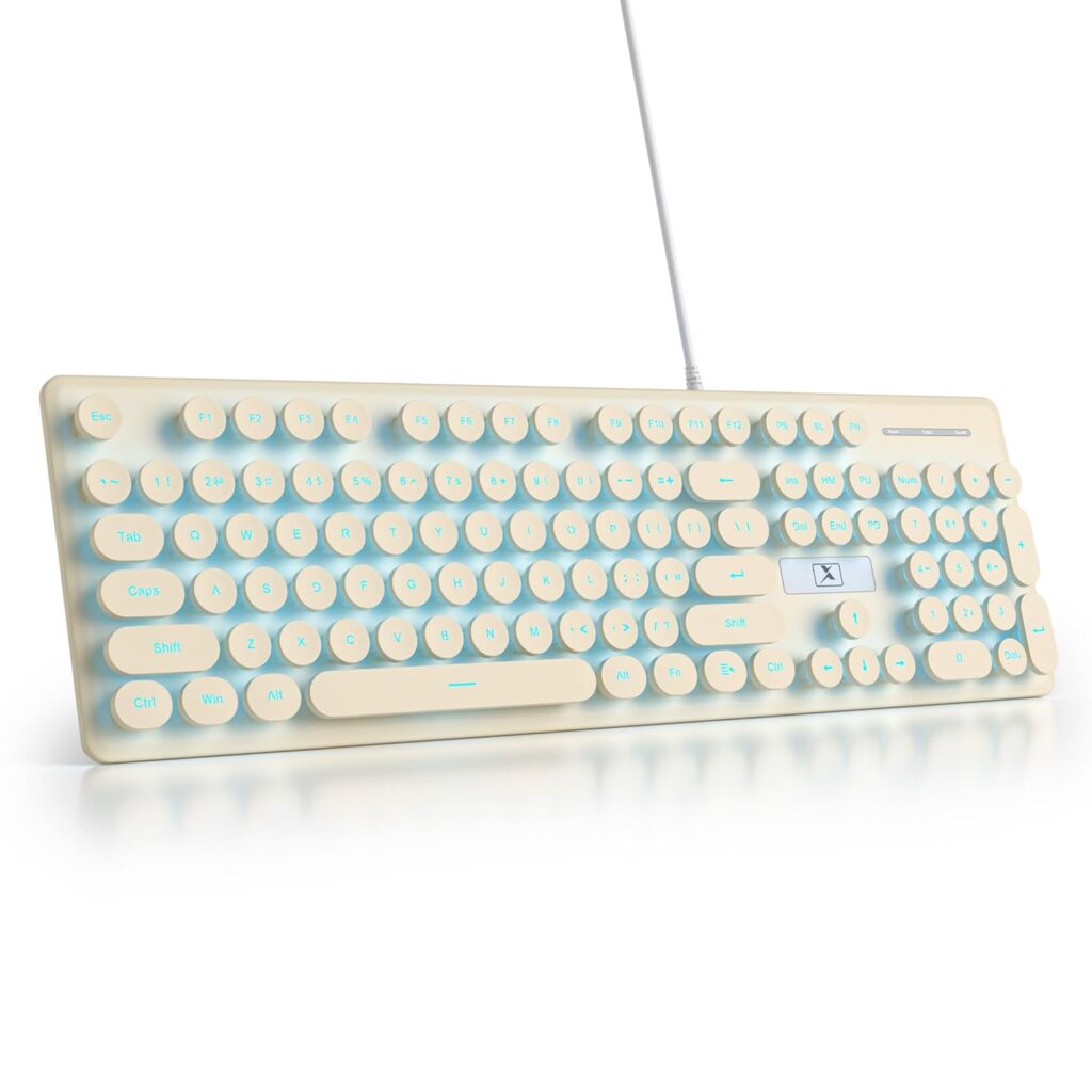 surmen Cute Quiet Keyboard Wired Retro Typewriter, Full Size Soft Keyboards with Number Pad, Round Keys, Backlit USB for Office, Desktop, Laptop (Beige)