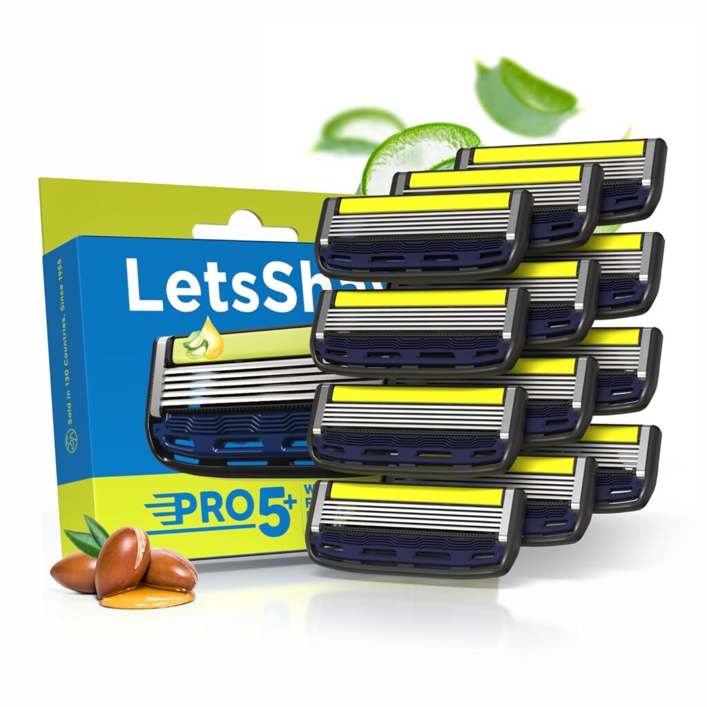 LetsShave Pro 5 Plus Manual Shaving Razor Blades Refills (Cartridge), Pack of 12, World's First Curved Blade with Vitamin E & Argan Oil Lubricating Strip, Blades for Men