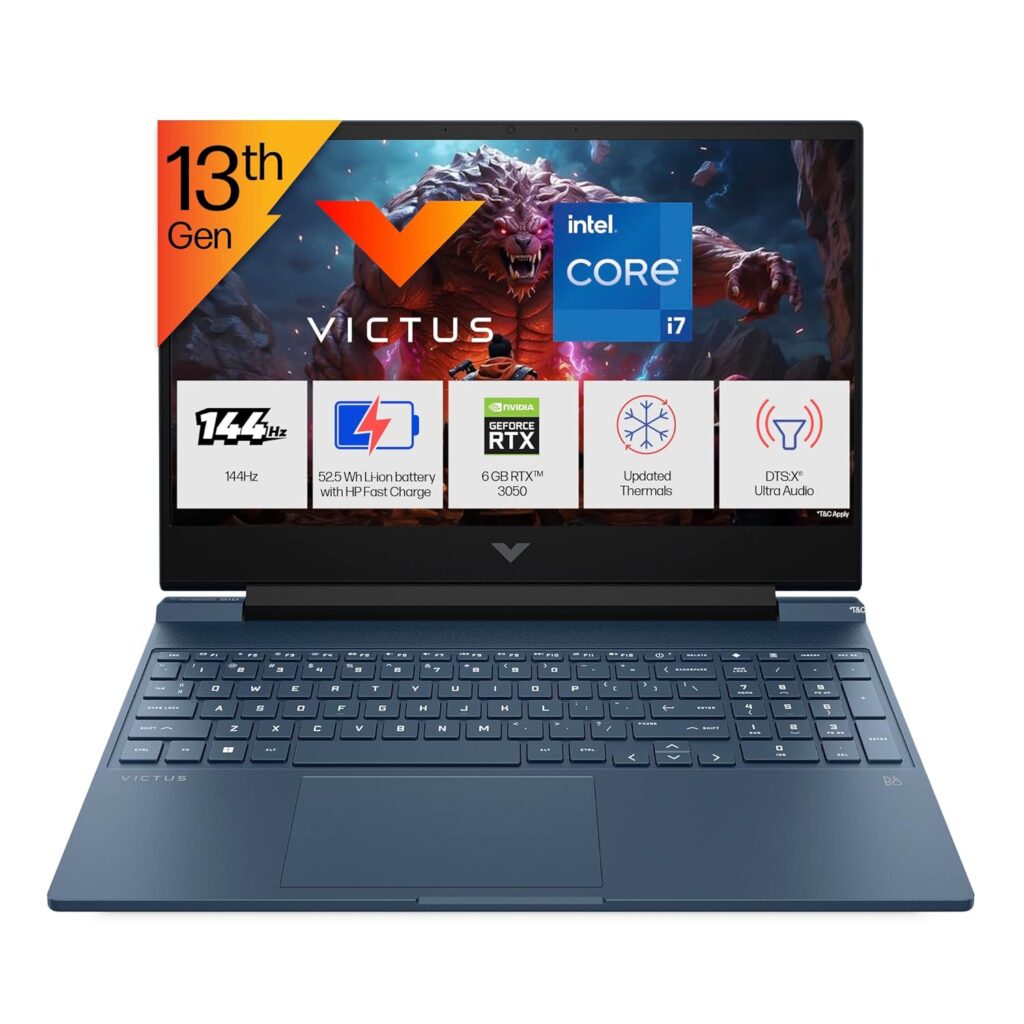 HP Victus, 13th Gen Intel Core i7-13620H, 6 GB RTX 3050 Gaming Laptop, (16GB DDR4, 512GB SSD) 144Hz,300 nits, IPS, 15.6inch(39.6cm) Flicker-free, Win 11, M365* Office24, Blue,2.29kg, backlit, fa2077TX