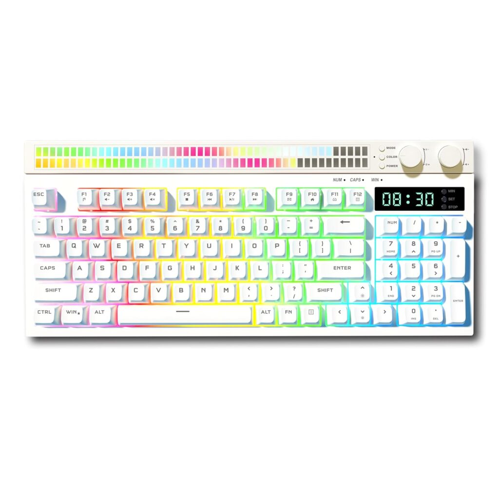 AZOTH Eclipse White 94 Keys Gaming Membrane Keyboard, RGB Backlit with 17 Modes, Trimode Wireless Bluetooth 2.4G & Type C Wired, Volume & Brightness Knobs, Rhythm Light, for PC Mac Laptop, 2000mAh