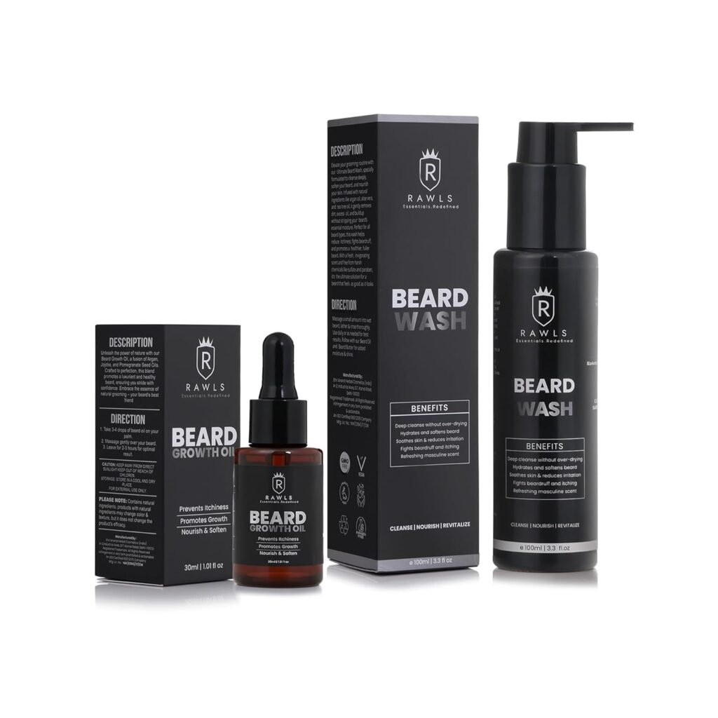 RAWLS Beard Growth Combo | Beard Oil (30ml) & Beard Wash (100ml) | Enriched with Tea Tree, Coconut Oil & Aqua | Deep Cleansing, Hydrating & Nourishing Formula for Thicker, Fuller & Healthier Beard