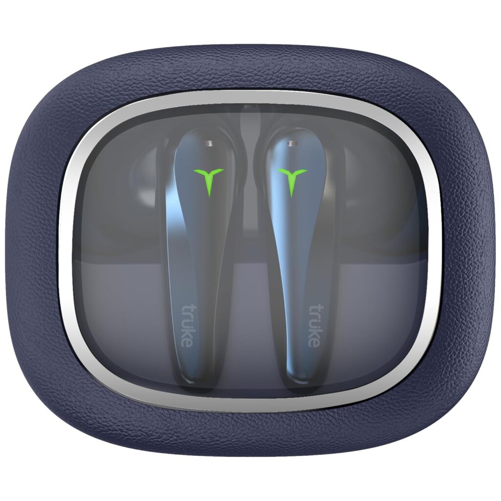 truke New Launch Crystal Dyno Leather Finish True Wireless in Ear Earbuds w/Spatial Audio, 70H Battery Rapid Charge Ear Buds, 13mm Driver HiFi Sound TWS, 40ms Ultra Low Latency, 4Mics ENC -ArcticBlue