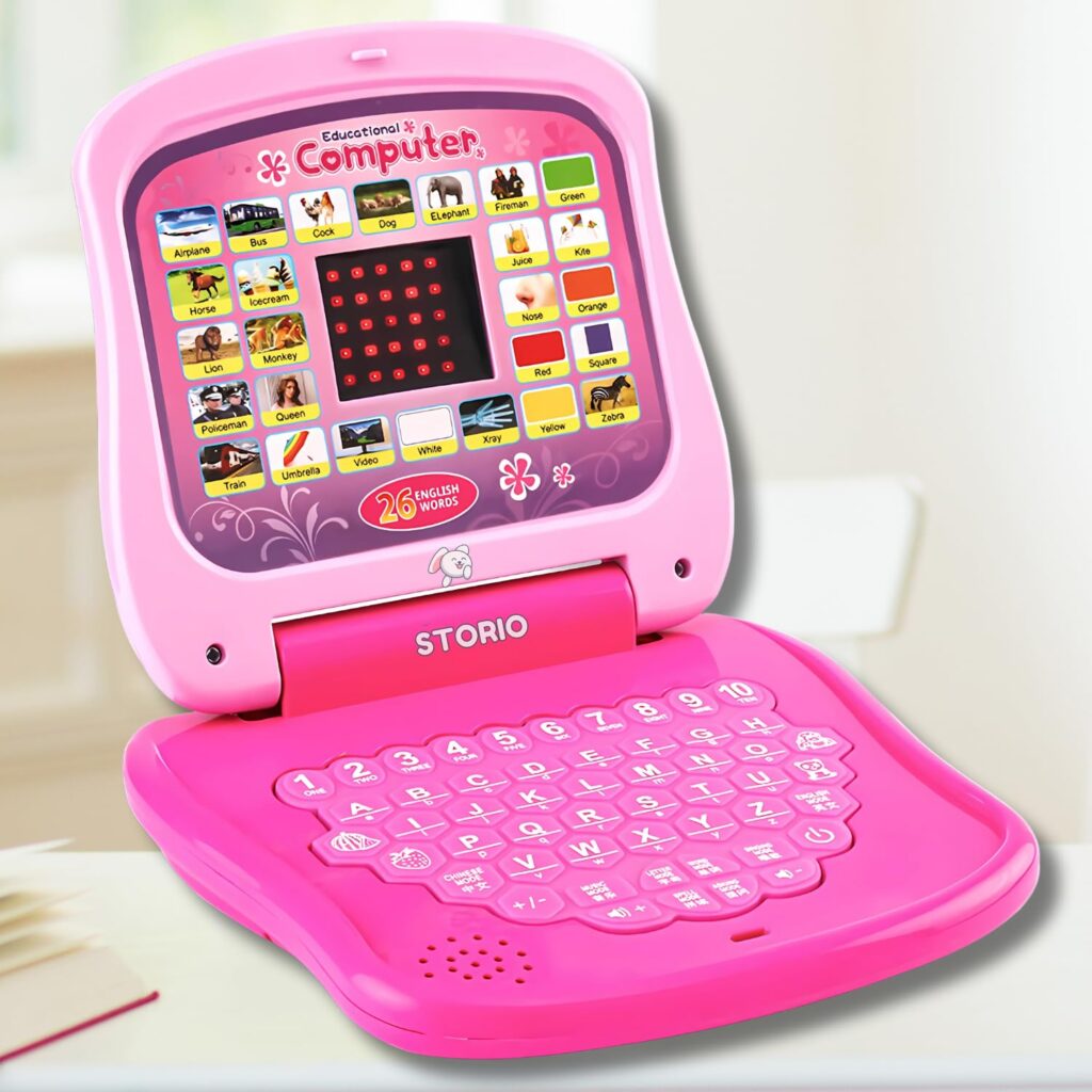 Storio Toys Educational Learning Laptop Toy with LED Display & Music Effect|Educational Toy Preschool Learning for Babies,Girls,Boys & Toddlers|Power Source: 3xAA Battery (Not Included)-Pink,Multi