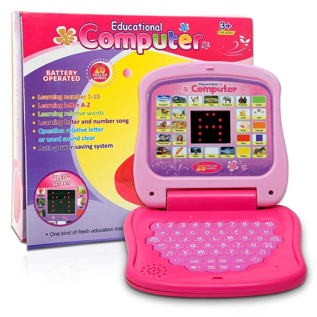 Graphene Educational Learning Laptop Toy Mini Computer for Kids Tablet Led Display Music Games Fun Activities Baby Laptop Battery Operated Toys Gift for 1+ 2 3 4 5 Years Girl Boy Toddler Pink