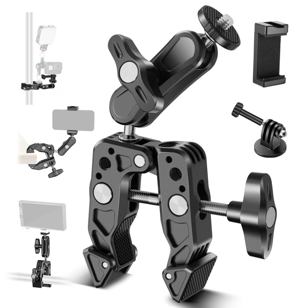Adofys [Newest] Action Camera Mount,Super Clamp Mount with 1/4''&3/8'' Scew for LED Light,Microphone,360° Double Ballhead Magic Arm with Mobile Holder and Adapter for Gopro Hero DJI DSLR Camera