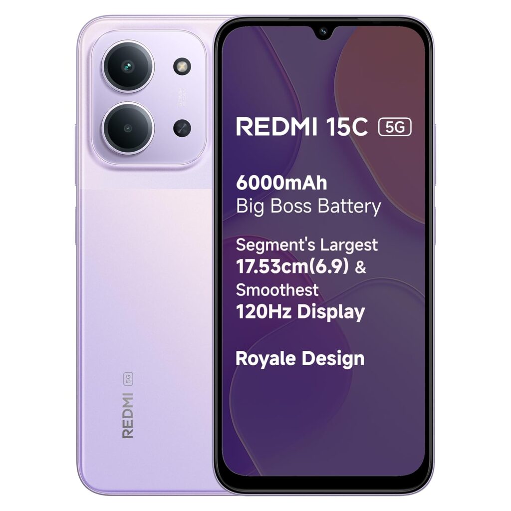 REDMI 15C 5G Dusk Purple 8GB + 128GB | Royale Design | Massive 6000mAh Battery | Segment's Largest 17.53cm Display Up to 120Hz | MediaTek Dimensity 6300 | 33W Fast Charging | 50MP AI Dual Camera