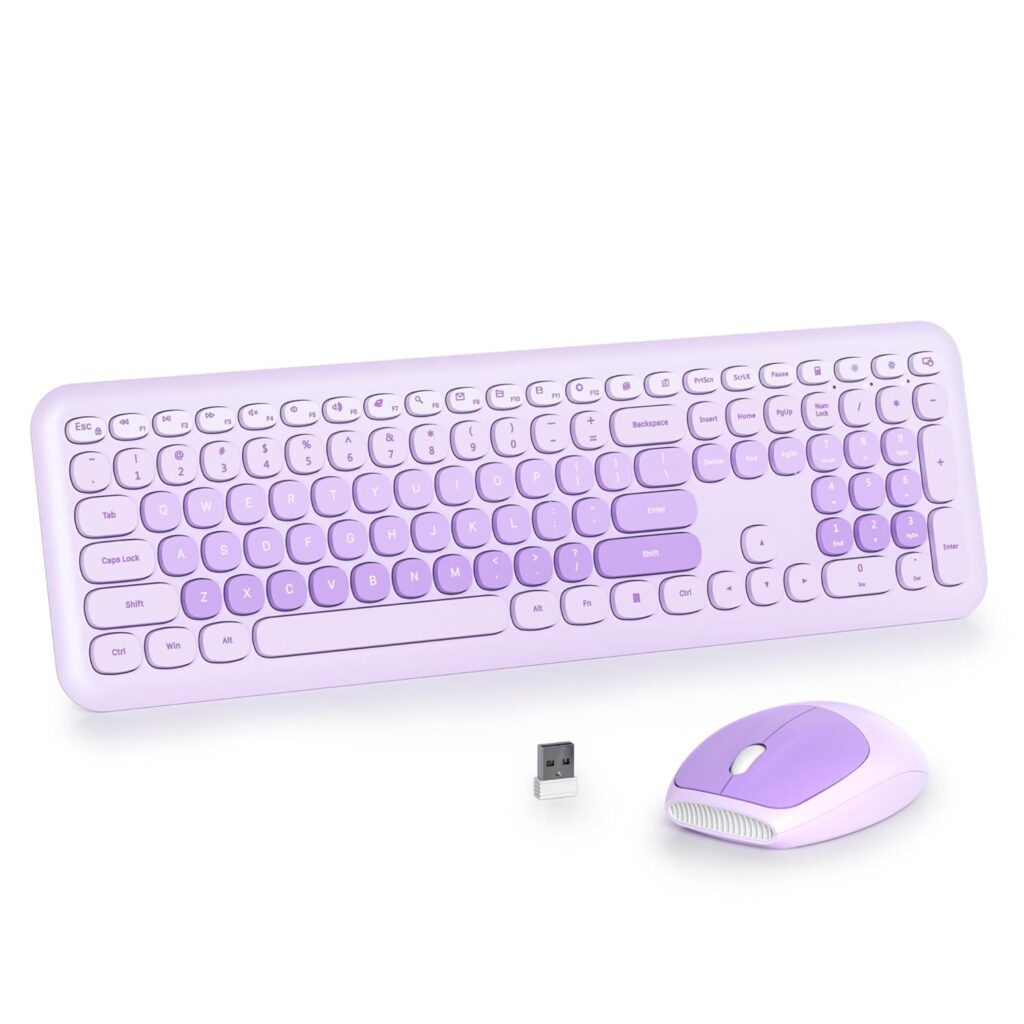 Purple Colorful Wireless Keyboard and Mouse Combo Set, 2.4GHz Retro Typewriter Keyboard, Full Size Cute Keyboard with Number Pad, Home and Office Silent Keyboards (Light Purple)