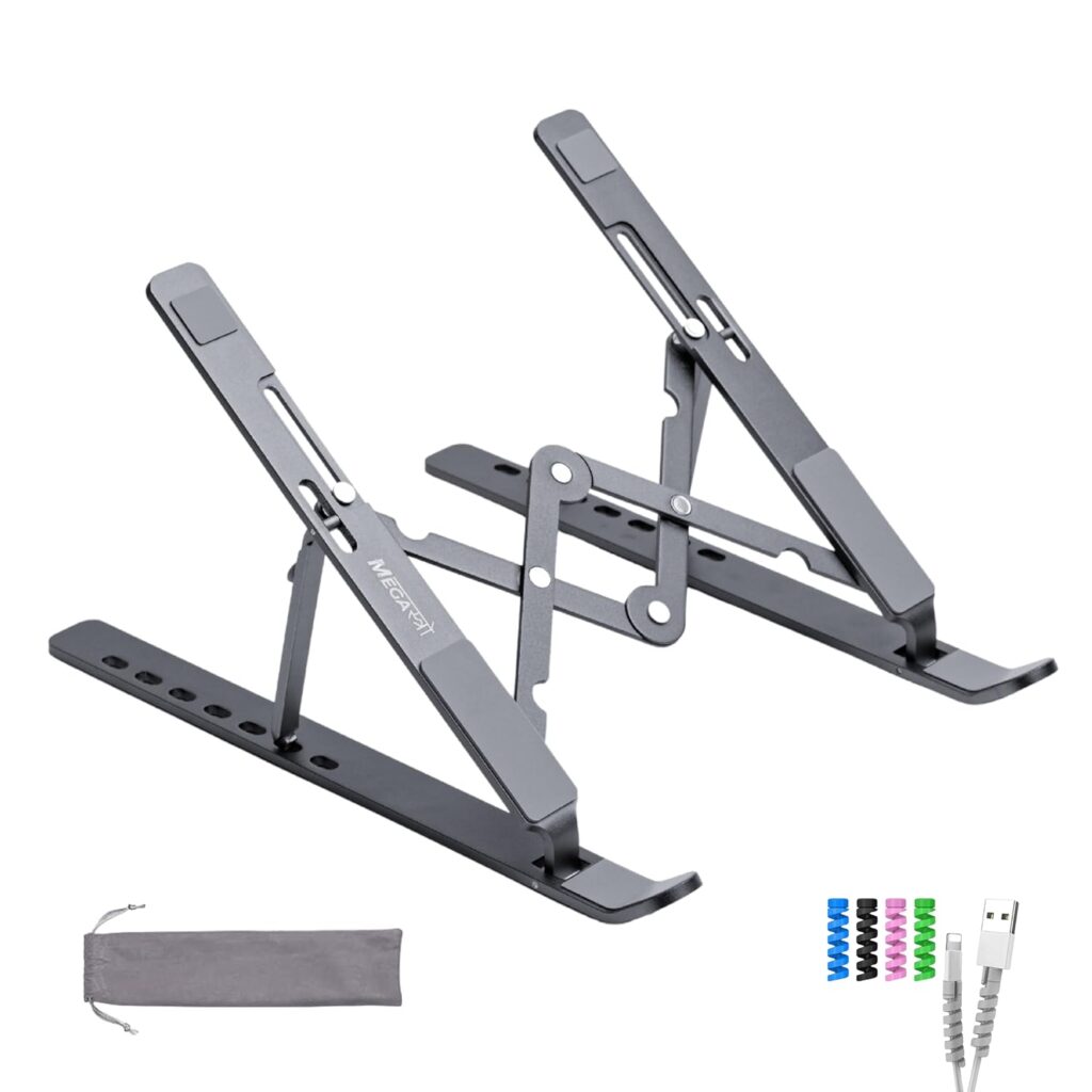Laptop Stand for Desk with 7 Adjustable Angles, Aluminum Ergonomic Foldable Portable Compatible with All Brands 6-17.3 [with Pouch] [with Wire Protectors] (Metallic Grey)