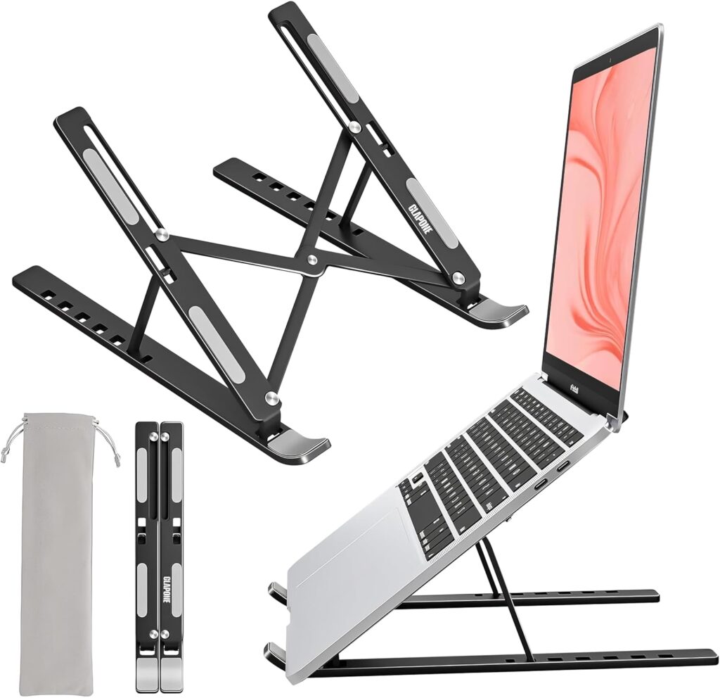 Premium Metal Laptop Stand Foldable, Aluminum Note Book Stand Portable Any Laptop Stand Adjustable Height/OverHeating Protection Laptops/MacBooks/Table and Many More (Metallic Black, MLS002)